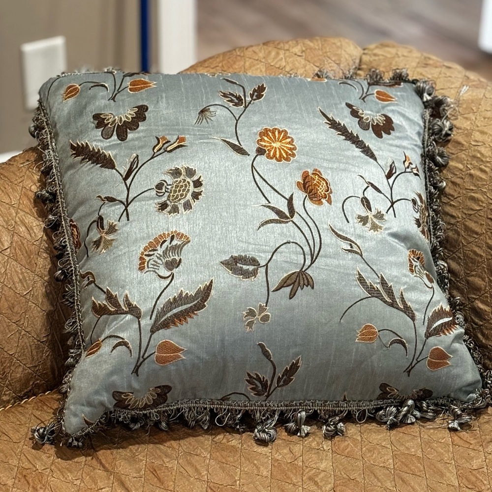 Silk embroidered down pillows x 2.